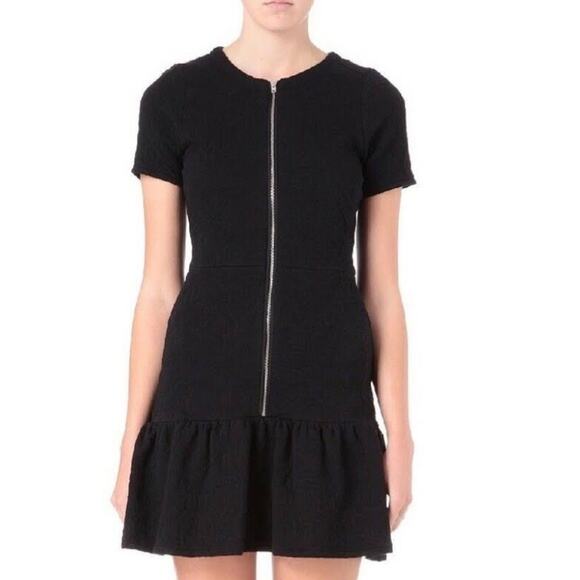 The Kooples size XS Mini Dress Black Zip Cotton Front Ruffle Hem Short Sleeve - Picture 1 of 9